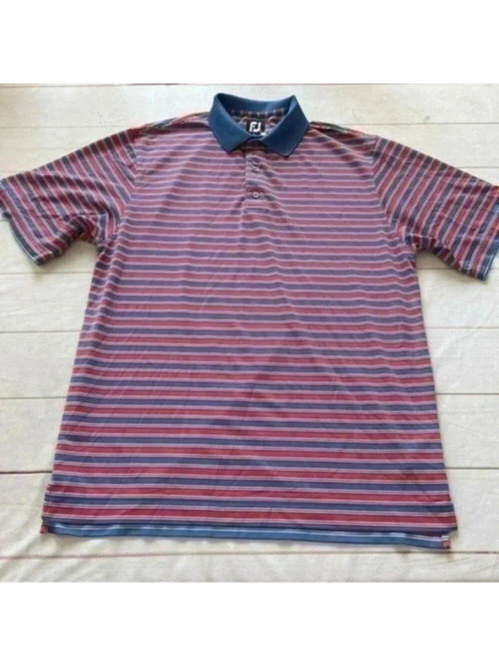 FootJoy FJ Mens Golf Polo Shirt Large Red Blue Striped Stretch Polyester…